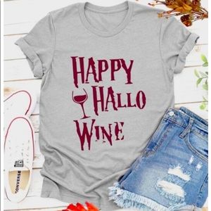 Happy “Hallo-Wine” Fall T-Shirt Halloween Gray & Wine Red Women’s M